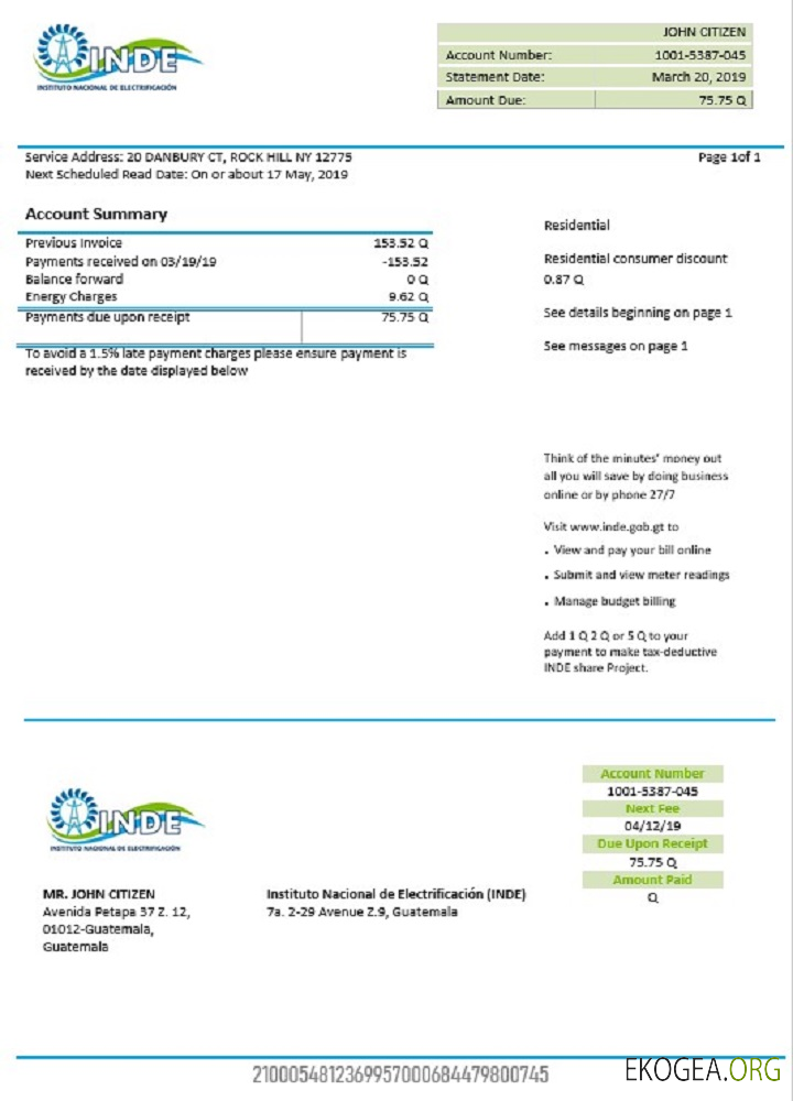 Guatemala INDE Instituto Nacional de Electrificación electricity utility bill